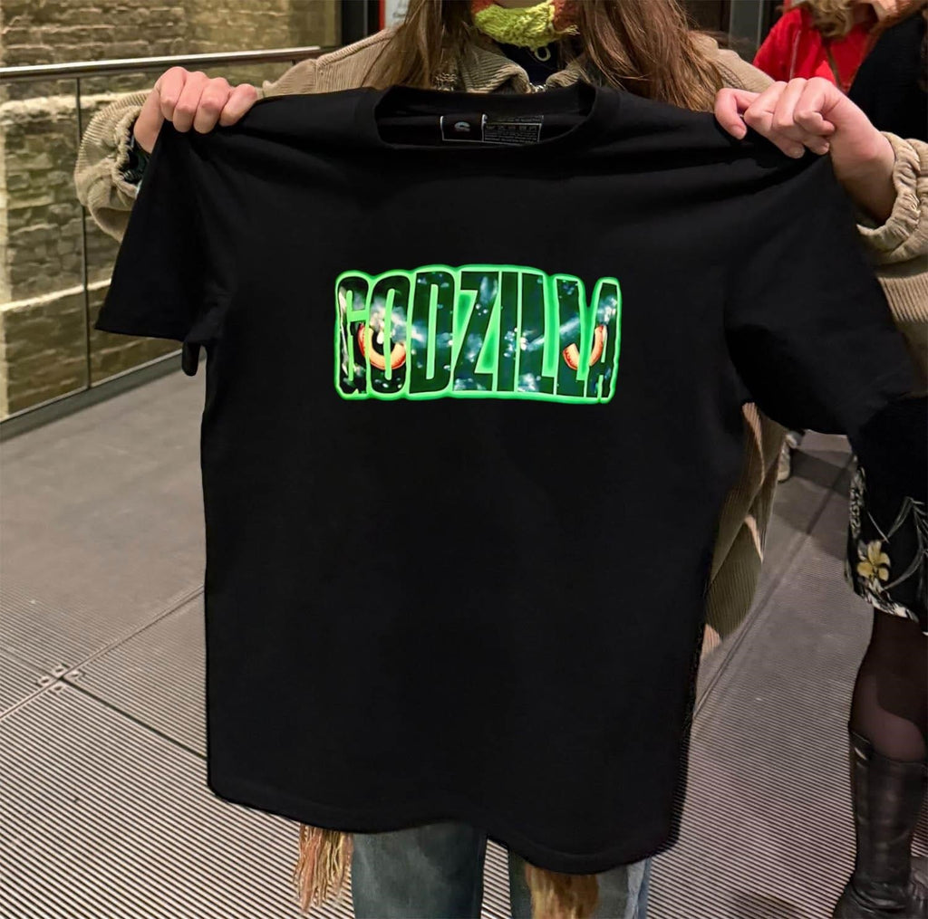Godzilla Monster Eye Neon Green Glowing Title Graphic - Adult & Kids T-Shirts, Sweatshirts & Hoodies apparel design preview 2