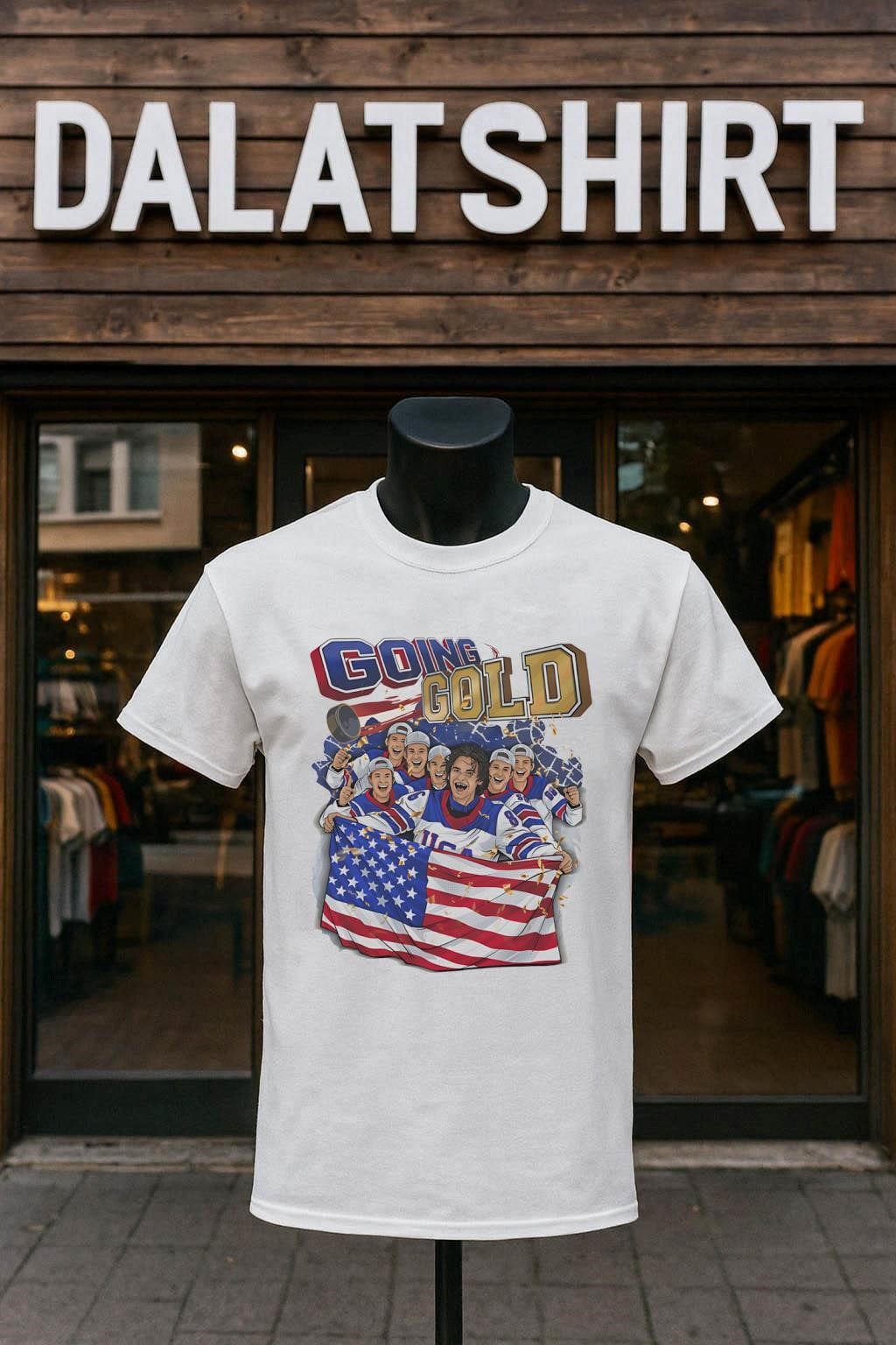 Going Gold USA hockey team celebration with flag - Adult & Kids T-Shirts, Sweatshirts & Hoodies apparel design preview 1