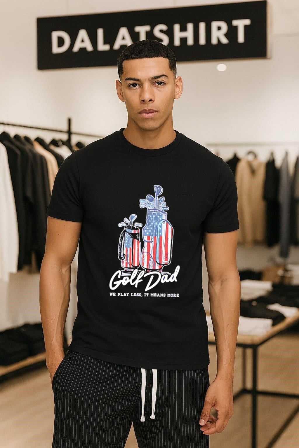 Golf Dad Bags USA we play less it means more - Adult & Kids T-Shirts, Sweatshirts & Hoodies apparel design preview 1