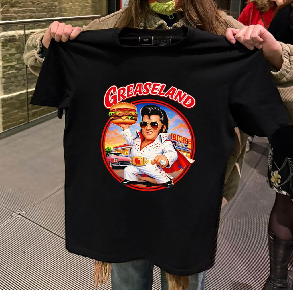 Greaseland Elvis Holding Burger Diner Eats Vintage - Adult & Kids T-Shirts, Sweatshirts & Hoodies apparel design preview 2