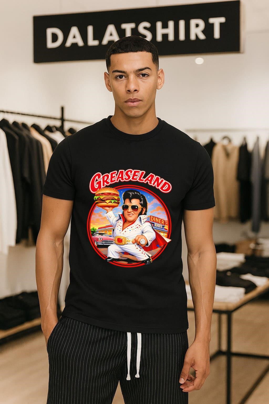 Greaseland Elvis Holding Burger Diner Eats Vintage - Adult & Kids T-Shirts, Sweatshirts & Hoodies apparel design preview 1