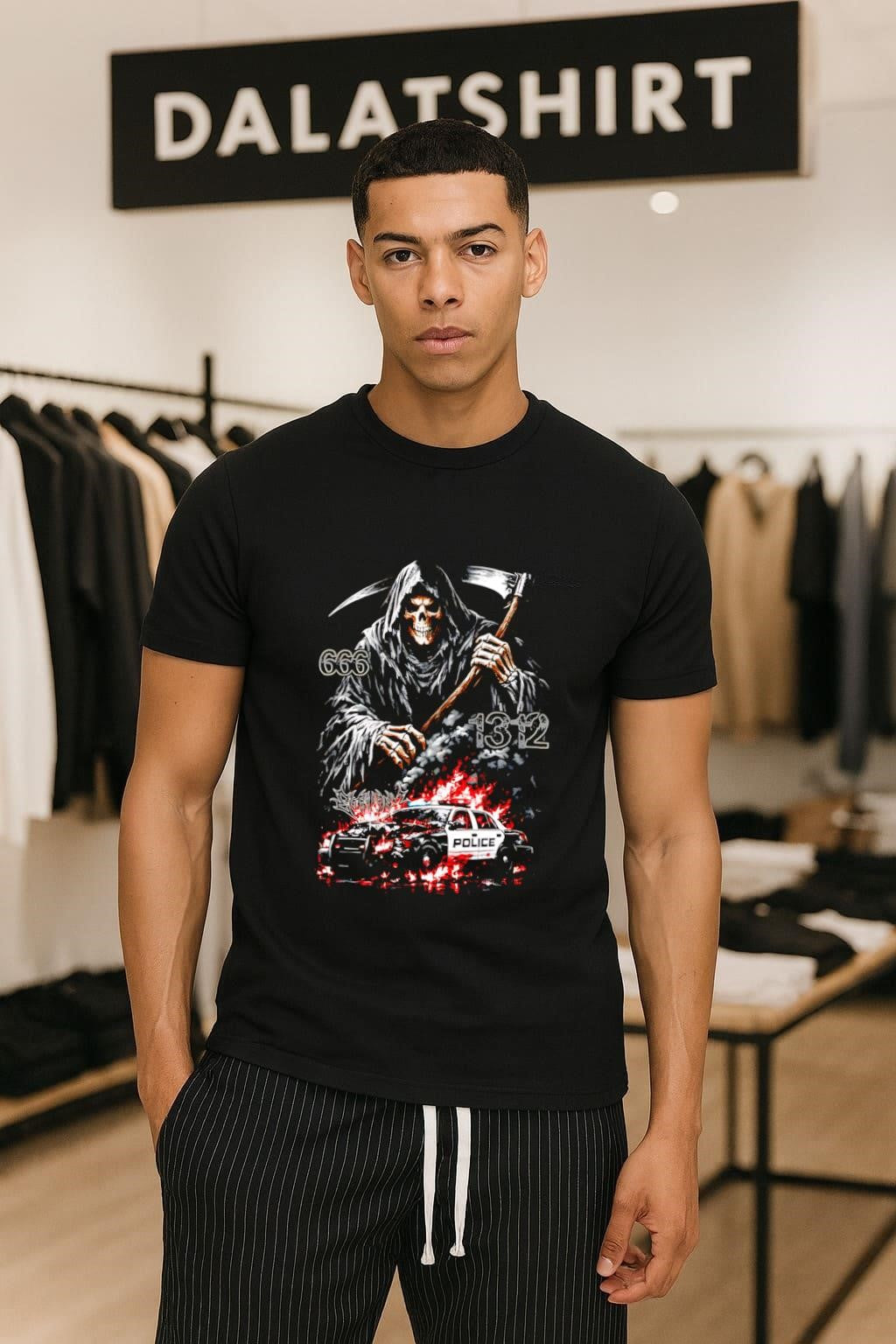Grim Reaper Scythe 666 1312 Burning Police Car - Adult & Kids T-Shirts, Sweatshirts & Hoodies apparel design preview 1