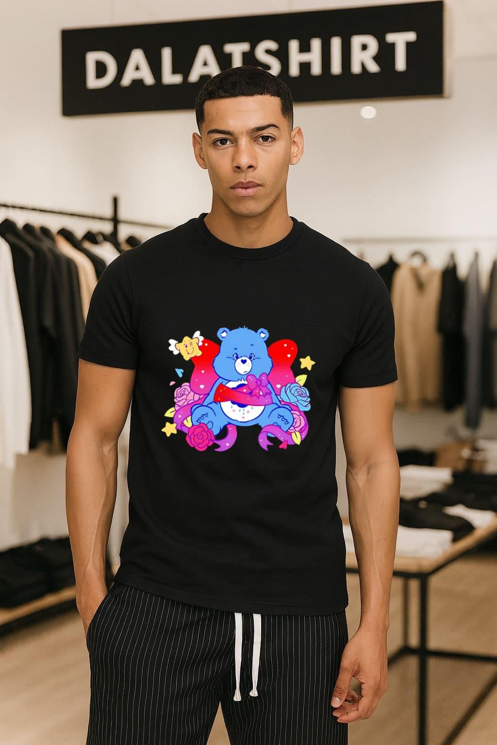Grumpy Blue Care Bear With Pink Bow and Roses - Adult & Kids T-Shirts, Sweatshirts & Hoodies apparel design preview 1