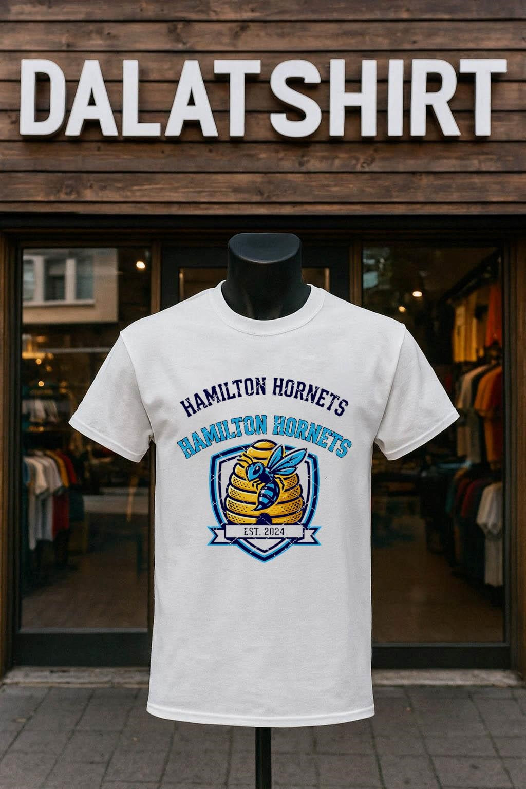 Hamilton Hornets Est 2024 Beehive Crest Sports Team - Adult & Kids T-Shirts, Sweatshirts & Hoodies apparel design preview 1