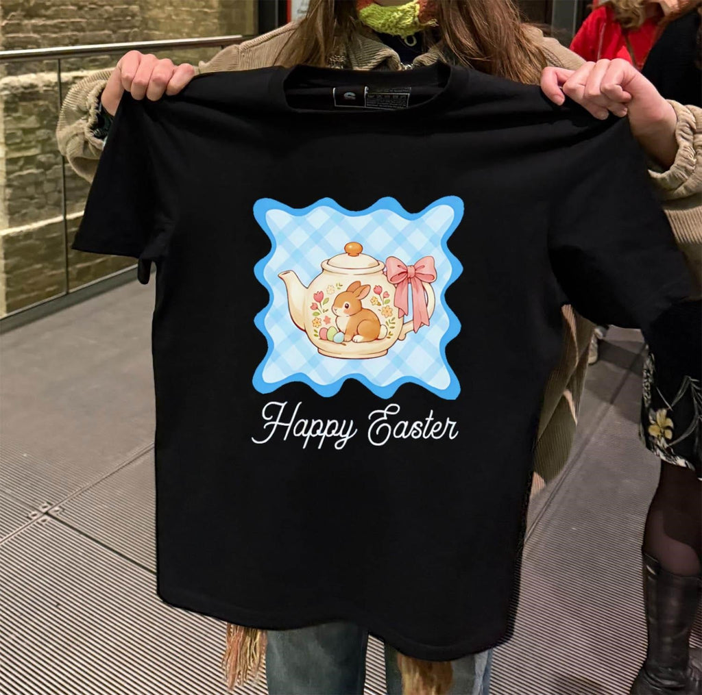 Happy Easter Floral Bunny Rabbit Teapot Blue Gingham - Adult & Kids T-Shirts, Sweatshirts & Hoodies apparel design preview 2