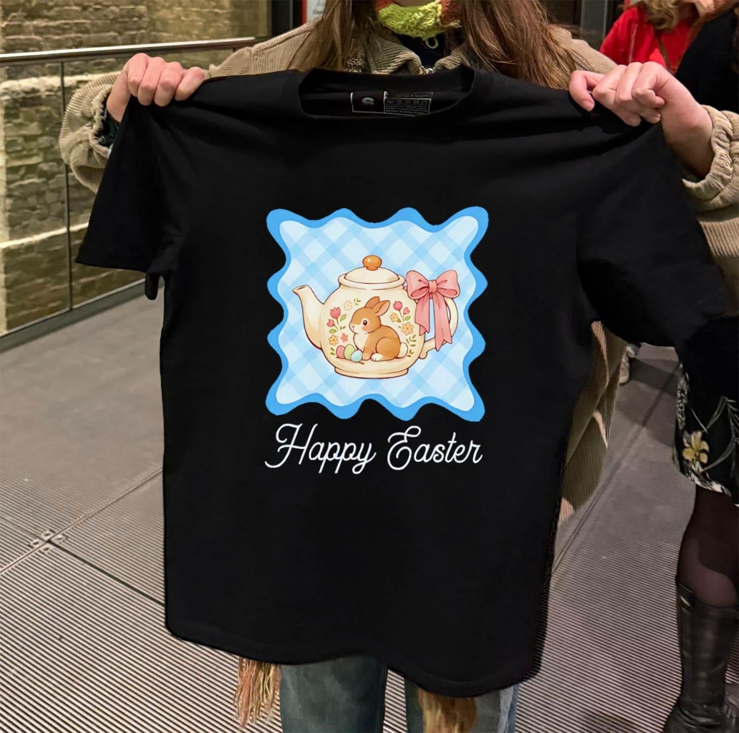 Happy Easter Floral Bunny Rabbit Teapot Blue Gingham - Adult & Kids T-Shirts, Sweatshirts & Hoodies apparel design preview 2