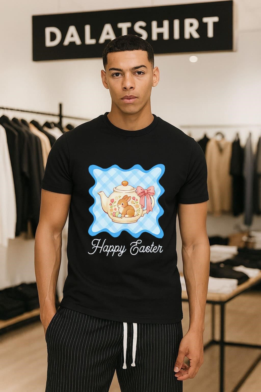Happy Easter Floral Bunny Rabbit Teapot Blue Gingham - Adult & Kids T-Shirts, Sweatshirts & Hoodies apparel design preview 1