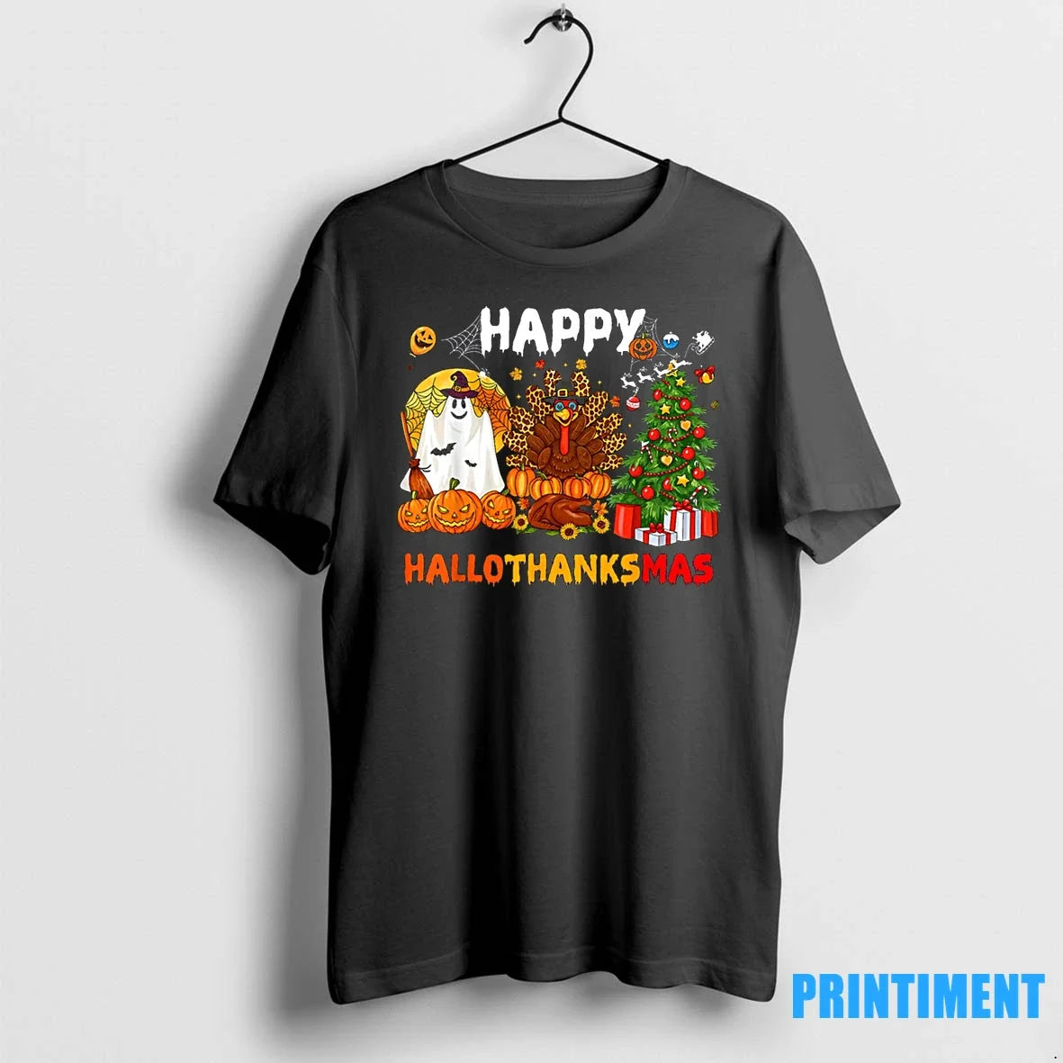 Happy Hallothanksmas Halloween Thanksgiving Christmas - Adult & Kids T-Shirts, Sweatshirts & Hoodies apparel design preview 1
