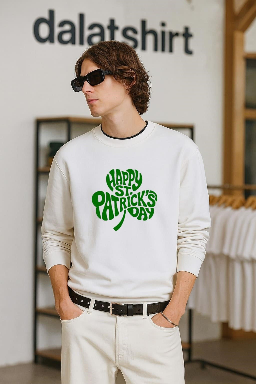 Happy St. Patrick's Day Green Clover Shamrock Text - Adult & Kids T-Shirts, Sweatshirts & Hoodies apparel design preview 2