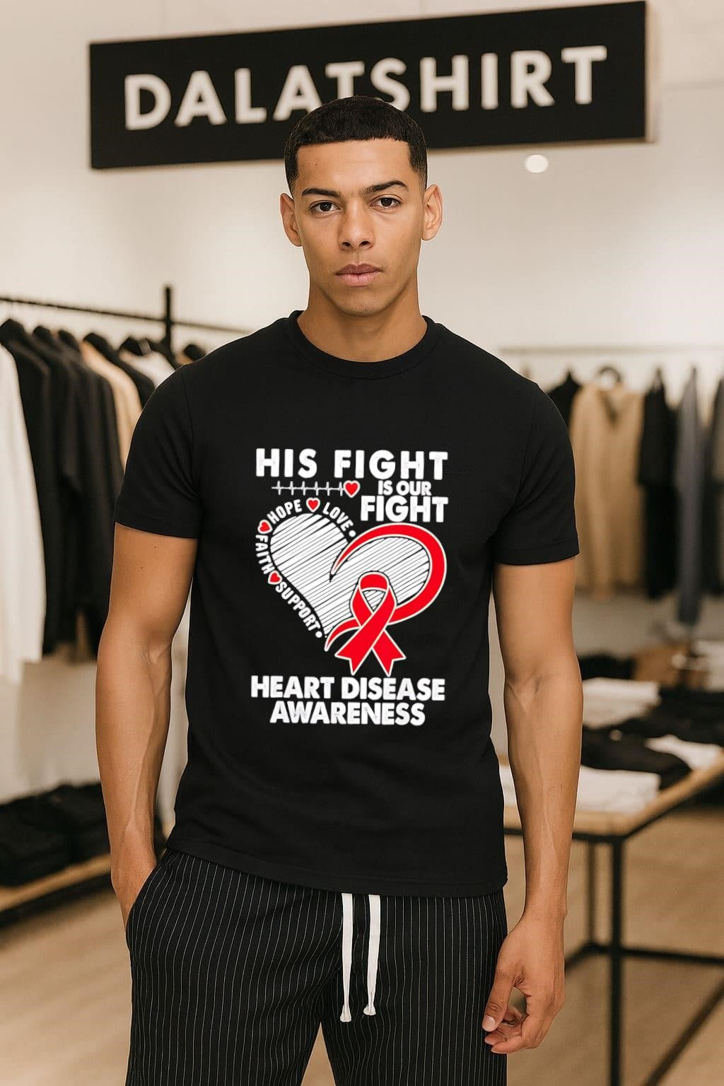 His Fight Is Our Heart Disease Awareness Red Ribbon - Adult & Kids T-Shirts, Sweatshirts & Hoodies apparel design preview 1