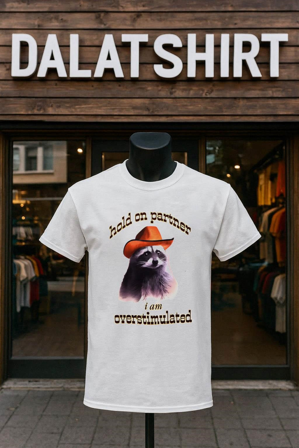 Hold On Partner I Am Overstimulated Raccoon Cowboy - Adult & Kids T-Shirts, Sweatshirts & Hoodies apparel design preview 1