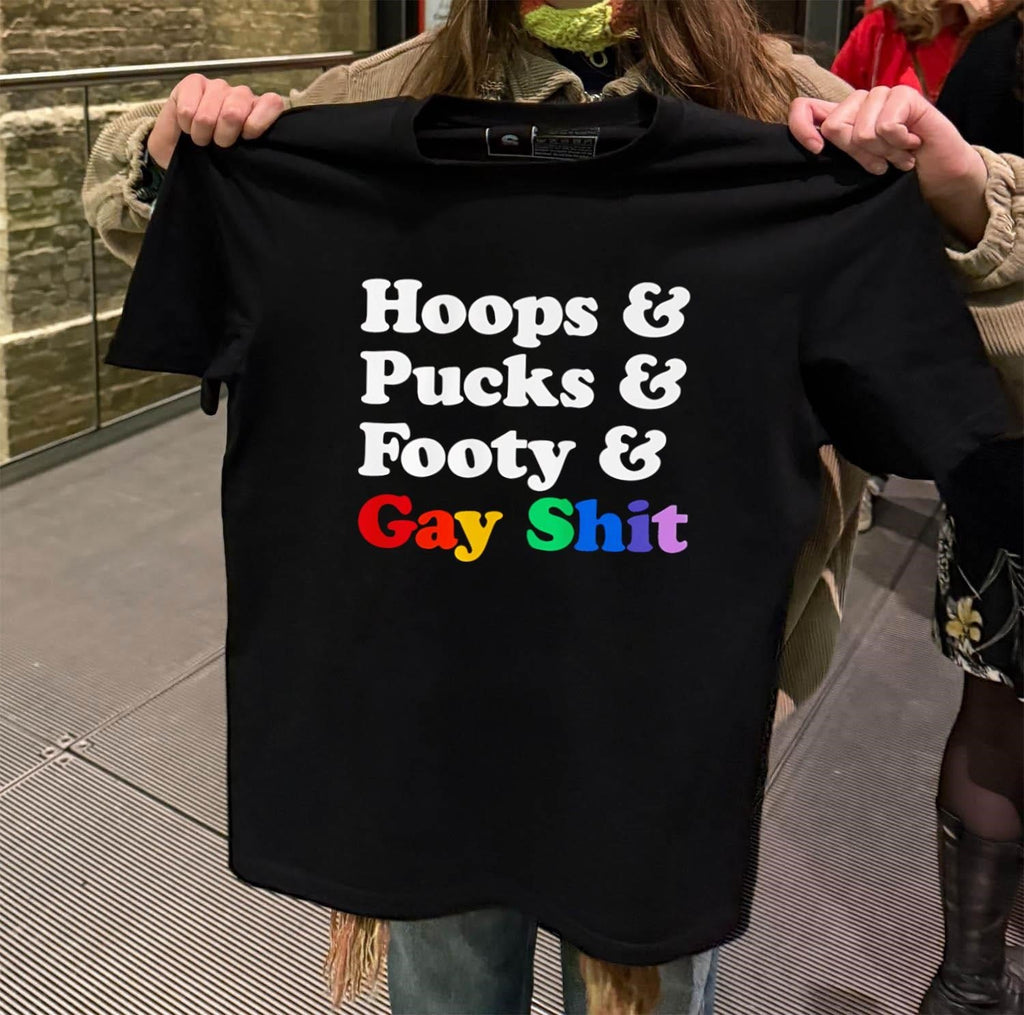 Hoops Pucks Footy and Gay Shit Rainbow Pride Sports - Adult & Kids T-Shirts, Sweatshirts & Hoodies apparel design preview 2