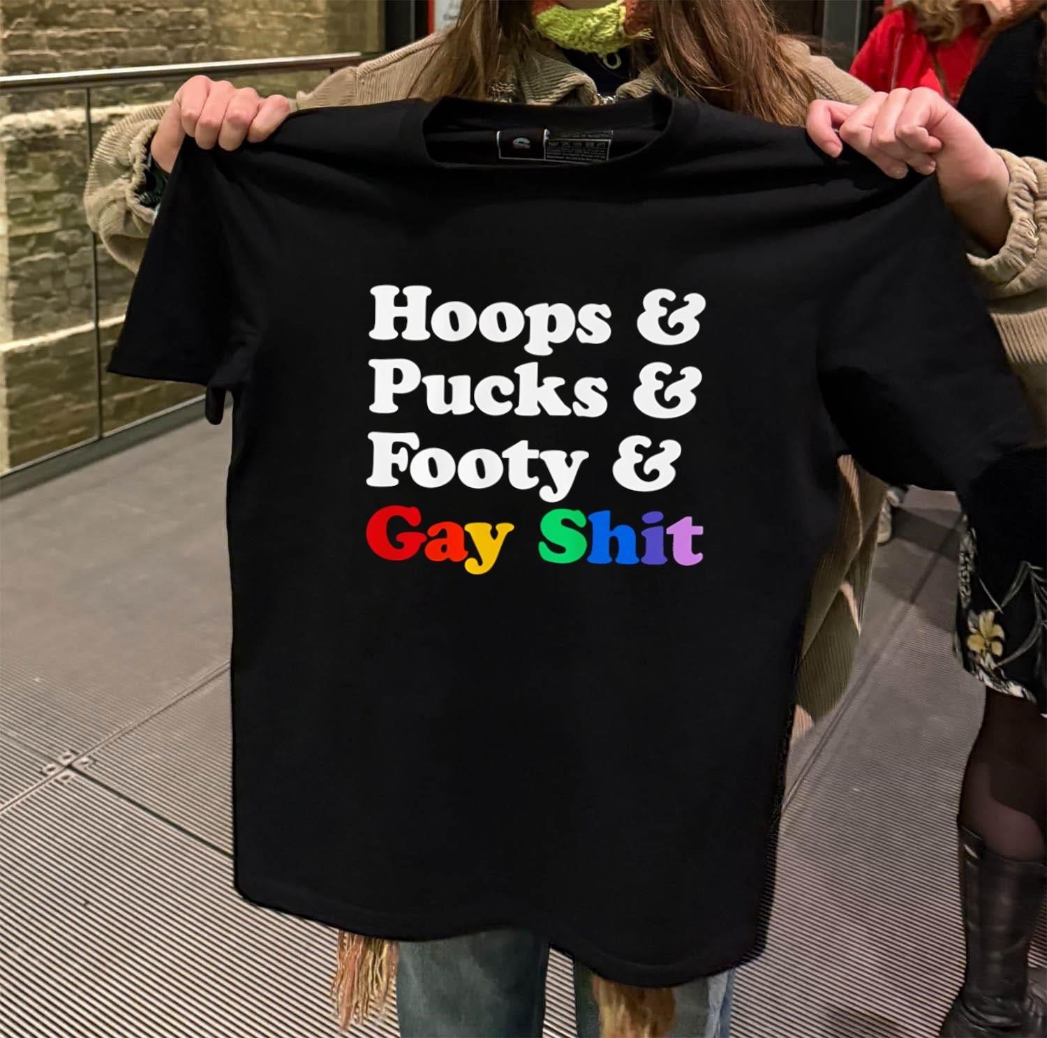 Hoops Pucks Footy and Gay Shit Rainbow Pride Sports - Adult & Kids T-Shirts, Sweatshirts & Hoodies apparel design preview 2