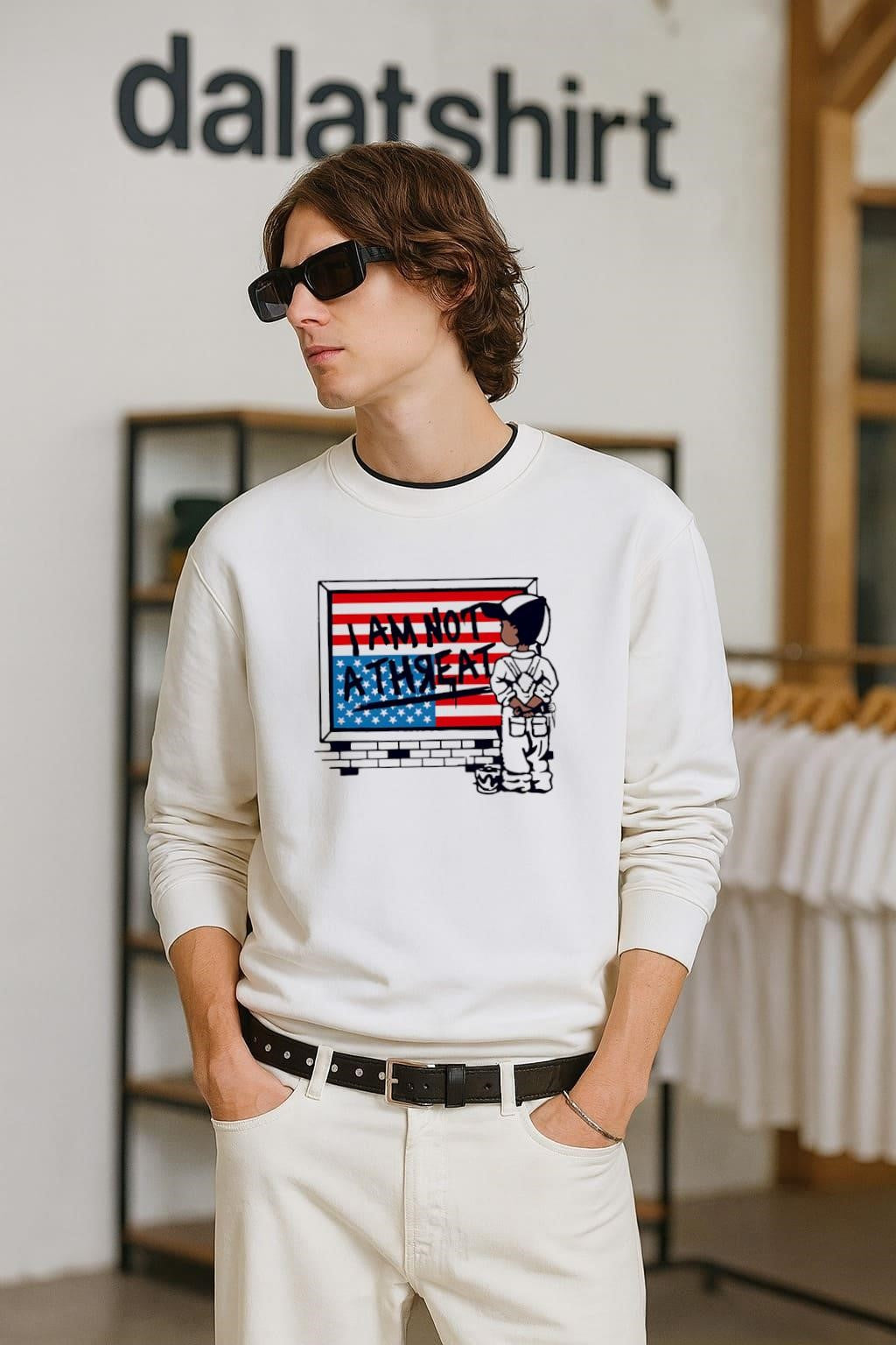 I Am Not A Threat Boy Painting American Flag Graffiti - Adult & Kids T-Shirts, Sweatshirts & Hoodies apparel design preview 2
