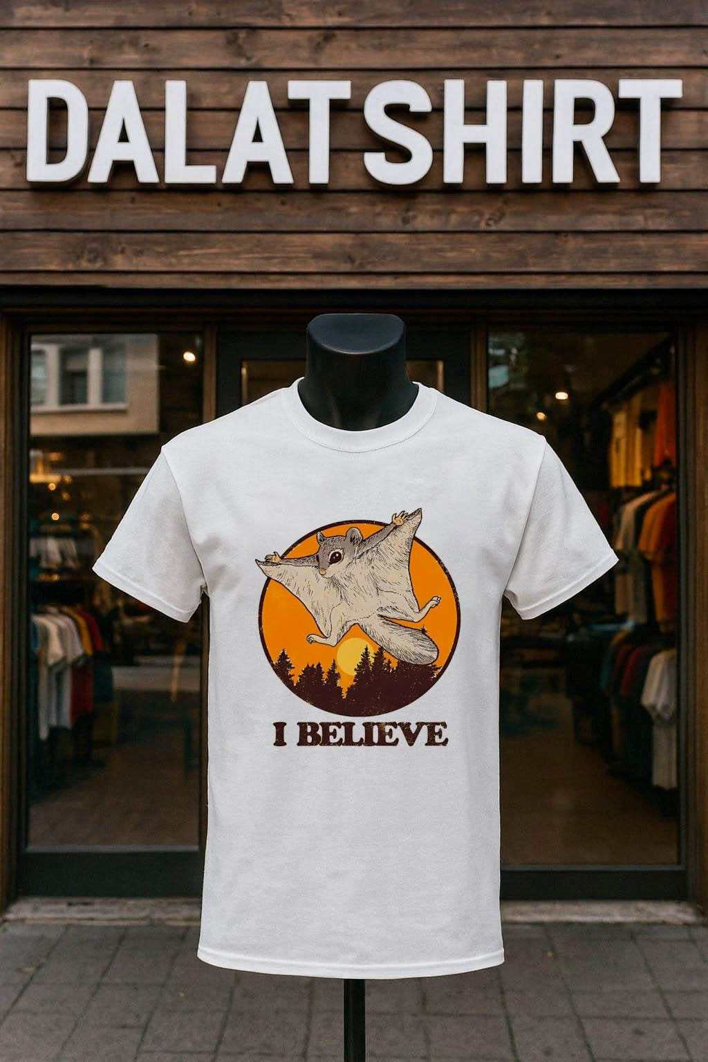 I Believe Flying Squirrel Gliding Over Forest Sunset - Adult & Kids T-Shirts, Sweatshirts & Hoodies apparel design preview 1