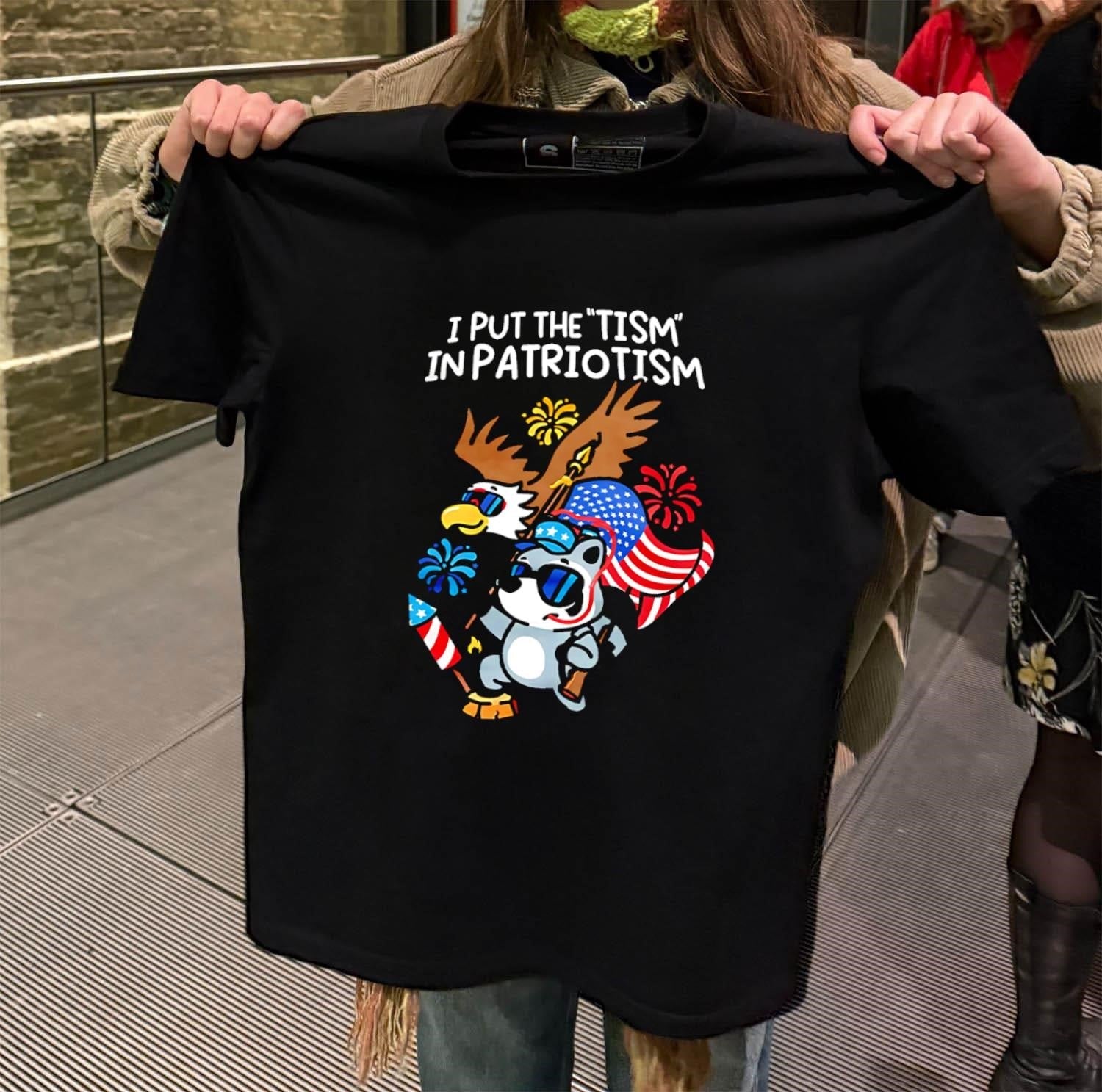 I Put The Tism In Patriotism Eagle Raccoon Fireworks - Adult & Kids T-Shirts, Sweatshirts & Hoodies apparel design preview 2