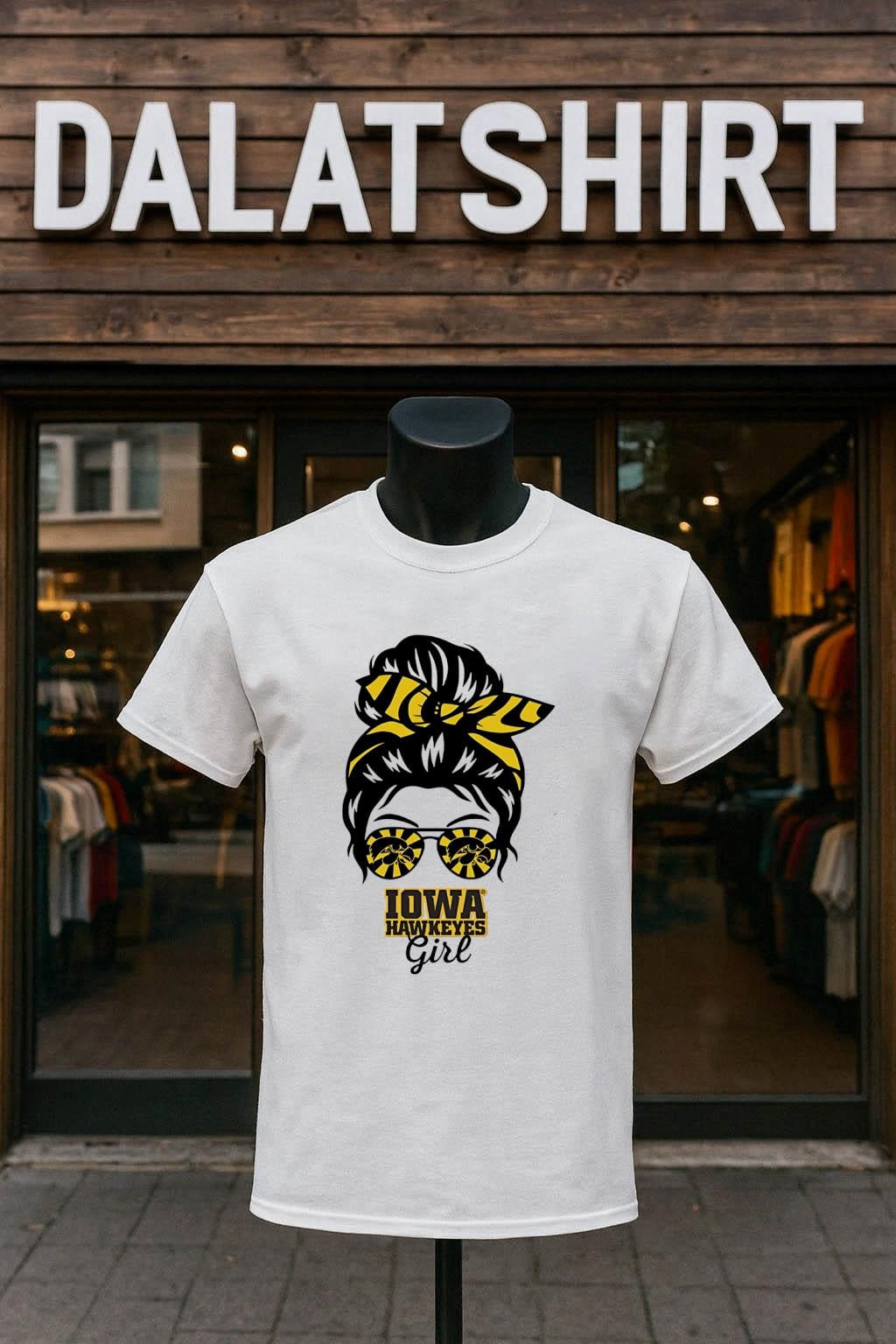 Iowa Hawkeyes Girl Sunglasses Messy Bun - Adult & Kids T-Shirts, Sweatshirts & Hoodies apparel design preview 1