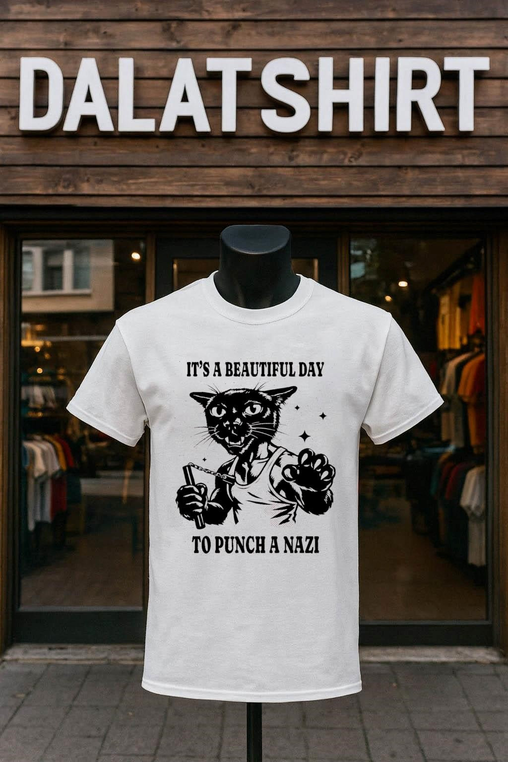 It's A Beautiful Day To Punch Nazi Cat - Adult & Kids T-Shirts, Sweatshirts & Hoodies apparel design preview 1