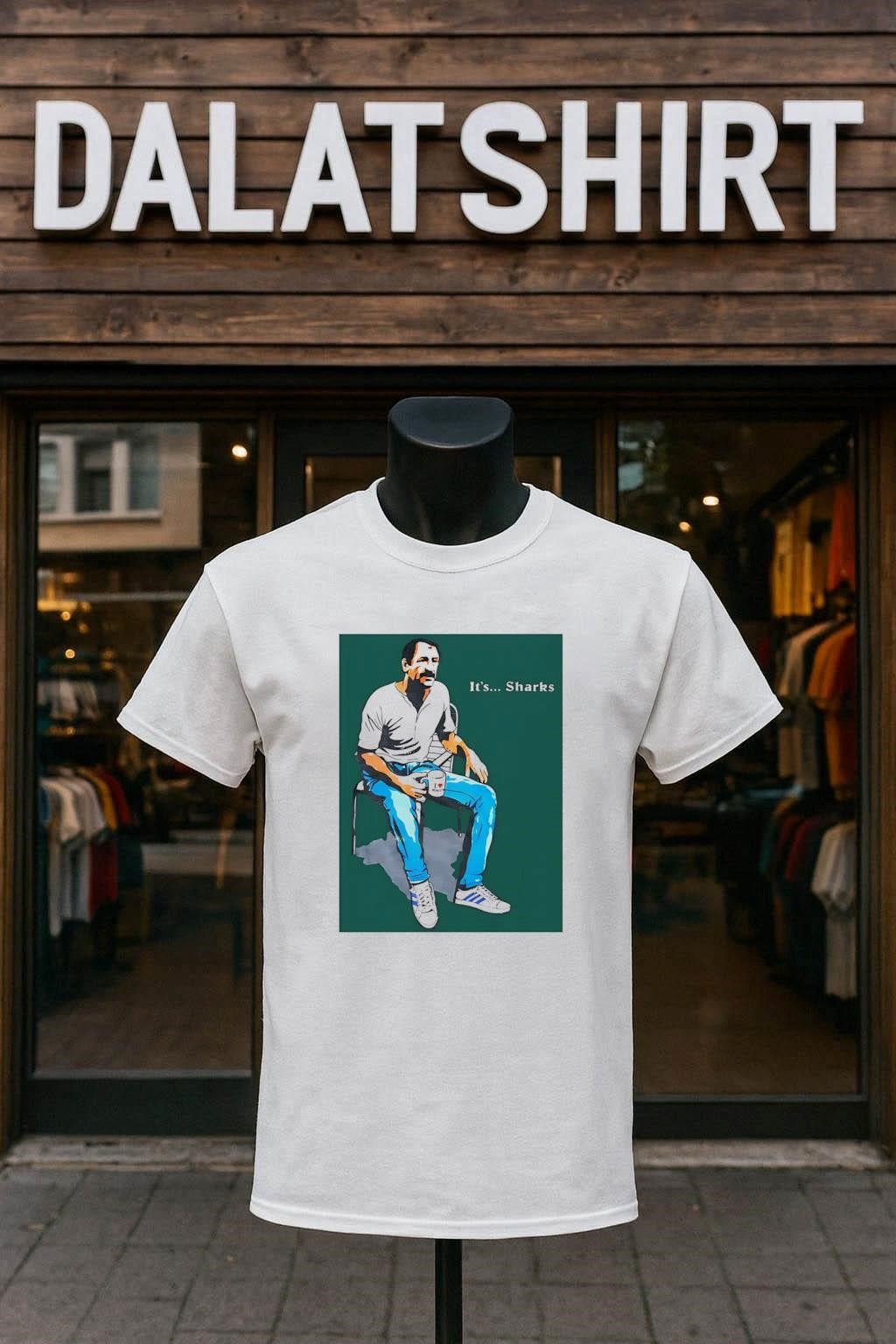 Its Sharks Man Sitting With Coffee - Adult & Kids T-Shirts, Sweatshirts & Hoodies apparel design preview 1