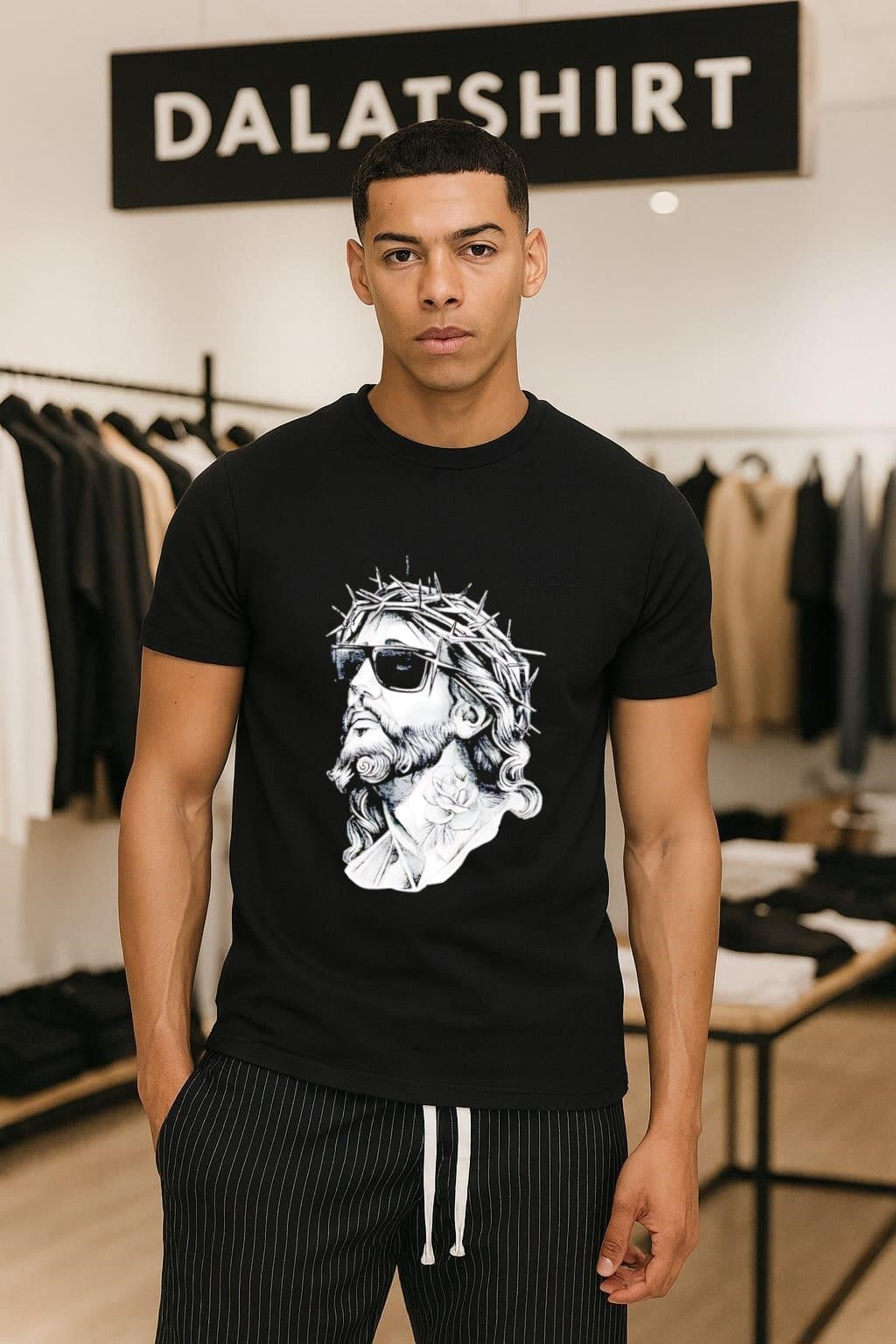 Jesus Christ Wearing Sunglasses with Rose Tattoo - Adult & Kids T-Shirts, Sweatshirts & Hoodies apparel design preview 1