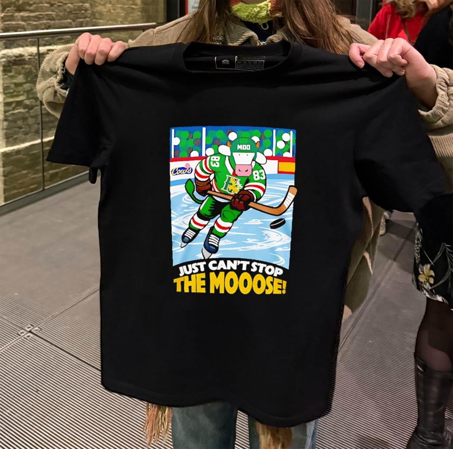 Just Can't Stop The Mooose Hockey Cow Mascot - Adult & Kids T-Shirts, Sweatshirts & Hoodies apparel design preview 2