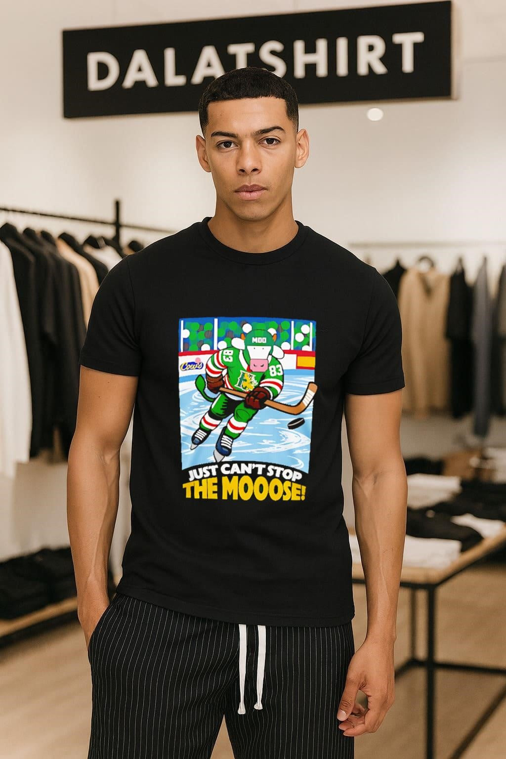 Just Can't Stop The Mooose Hockey Cow Mascot - Adult & Kids T-Shirts, Sweatshirts & Hoodies apparel design preview 1