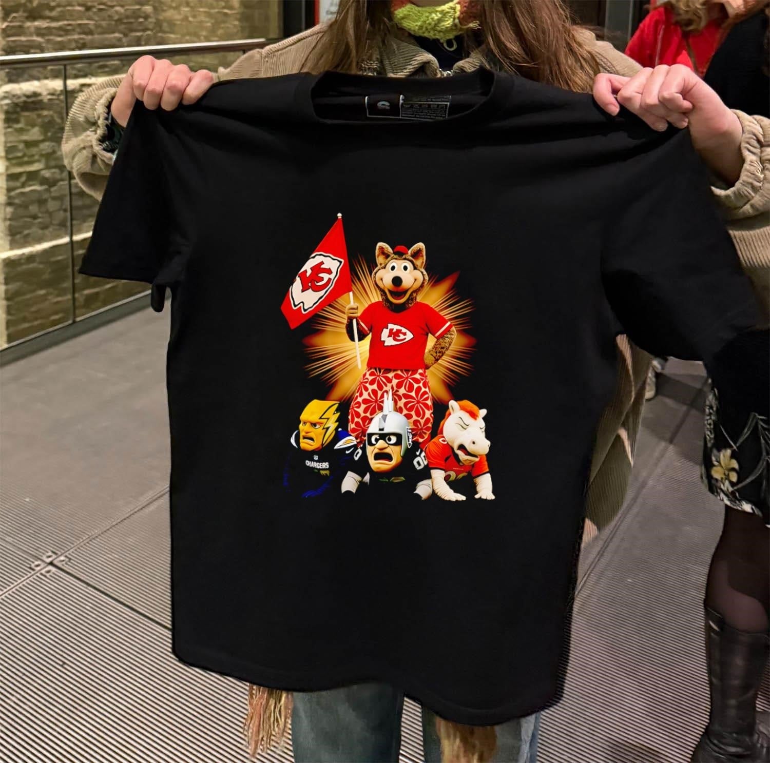 Kansas City Chiefs Mascot Standing Over Chargers - Adult & Kids T-Shirts, Sweatshirts & Hoodies apparel design preview 2