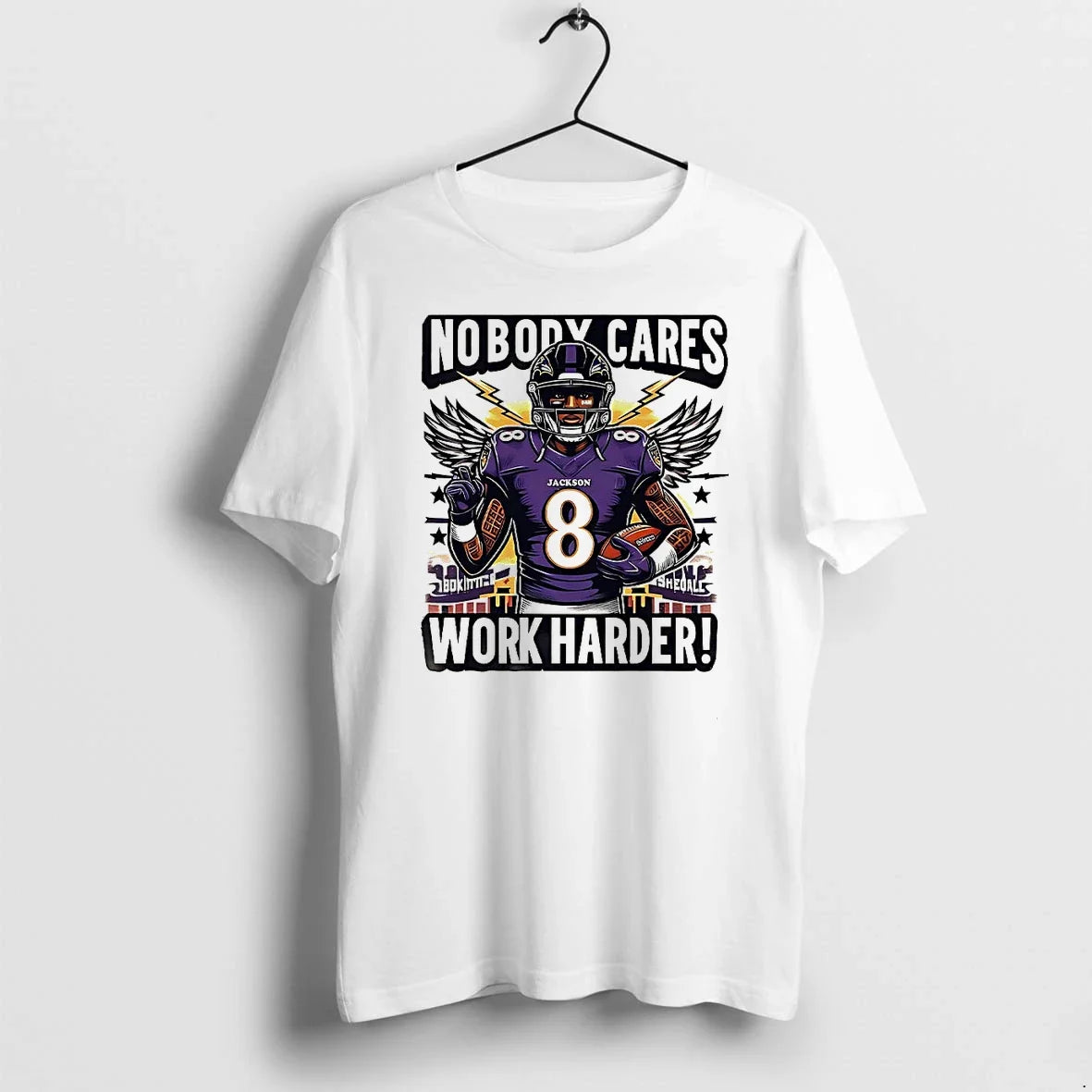 Lamar Jackson Baltimore Ravens Nobody Cares Work - Adult & Kids T-Shirts, Sweatshirts & Hoodies apparel design preview 1