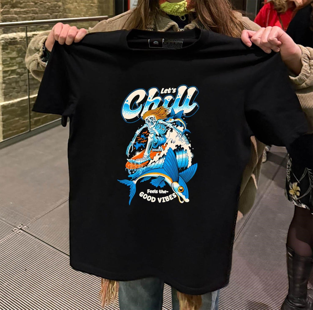 Let's Chill Feels the Good Vibes Surfing Skeleton - Adult & Kids T-Shirts, Sweatshirts & Hoodies apparel design preview 2