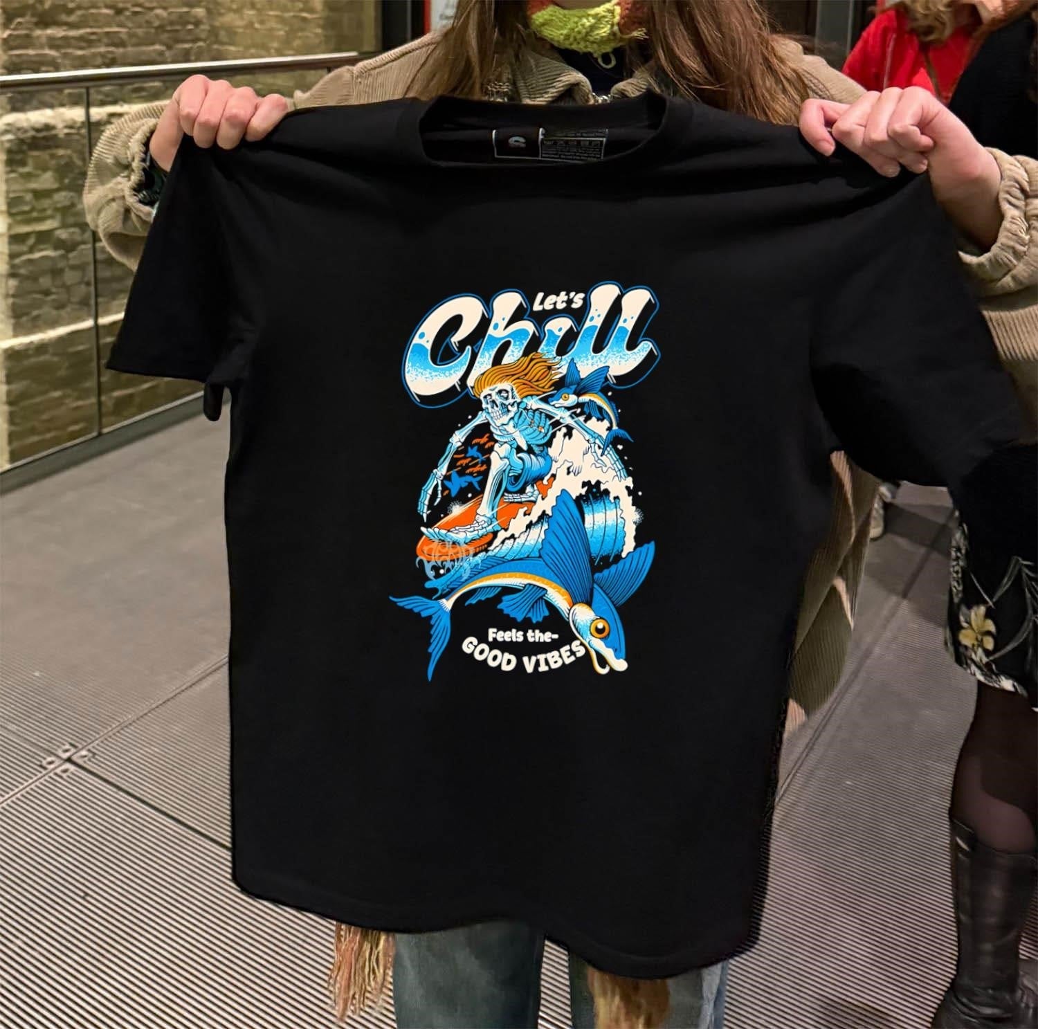Let's Chill Feels the Good Vibes Surfing Skeleton - Adult & Kids T-Shirts, Sweatshirts & Hoodies apparel design preview 2