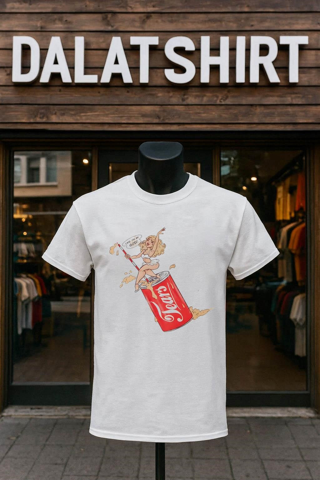 Like Oh My God Blonde Pinup Girl Sitting On Soda - Adult & Kids T-Shirts, Sweatshirts & Hoodies apparel design preview 1