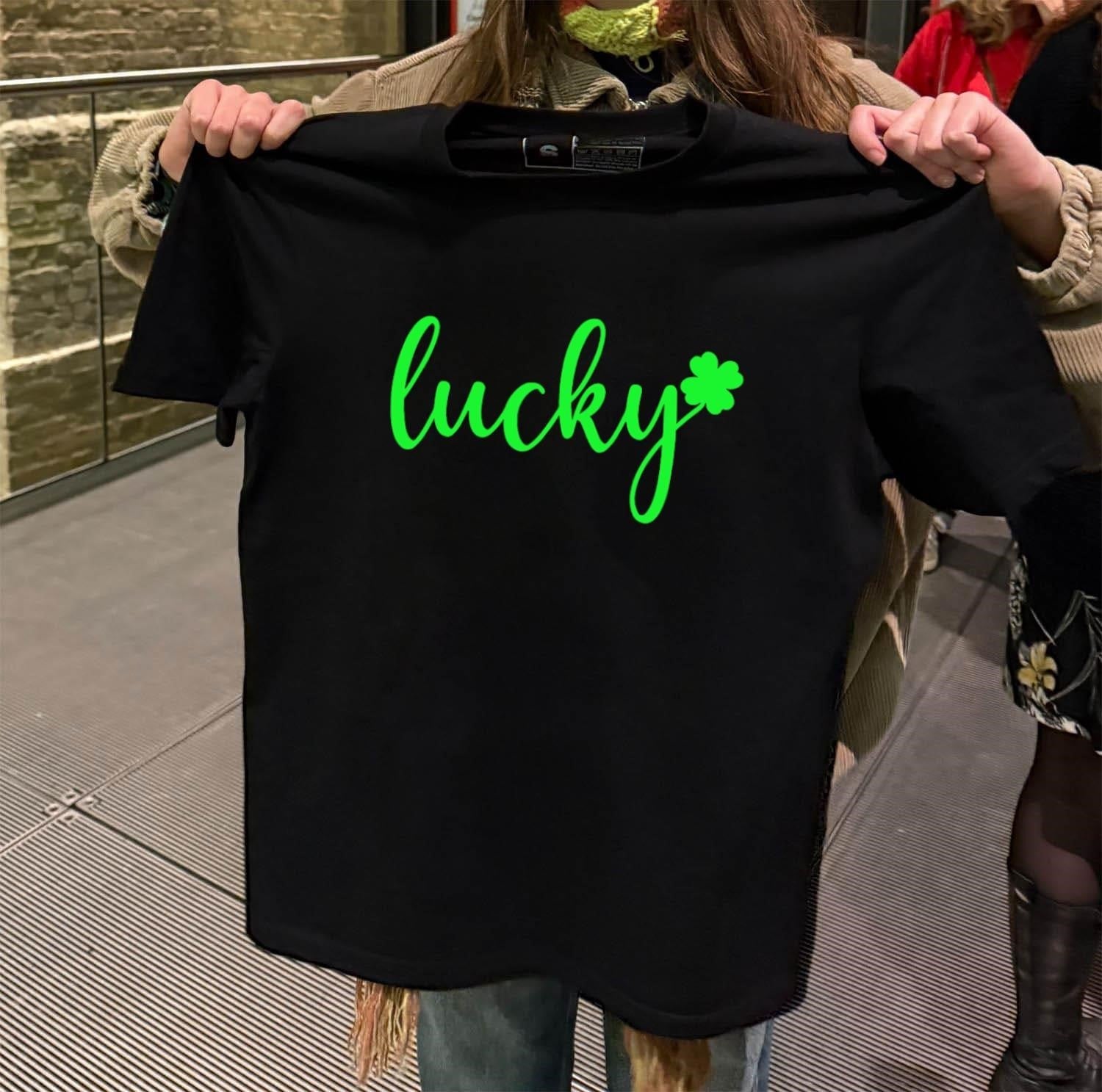 Lucky Cursive Text With Green Shamrock Clover Leaf - Adult & Kids T-Shirts, Sweatshirts & Hoodies apparel design preview 2