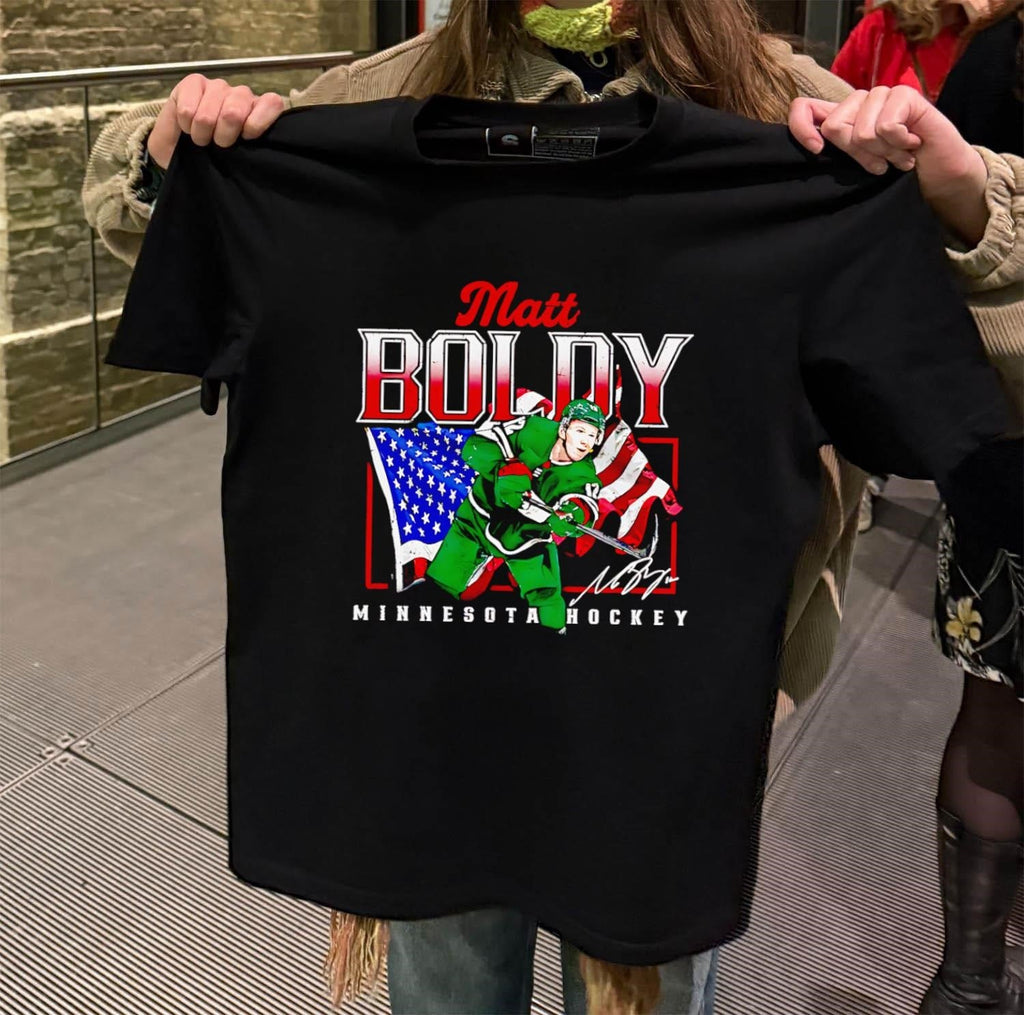 Matt Boldy Minnesota Hockey American Flag Signature - Adult & Kids T-Shirts, Sweatshirts & Hoodies apparel design preview 2