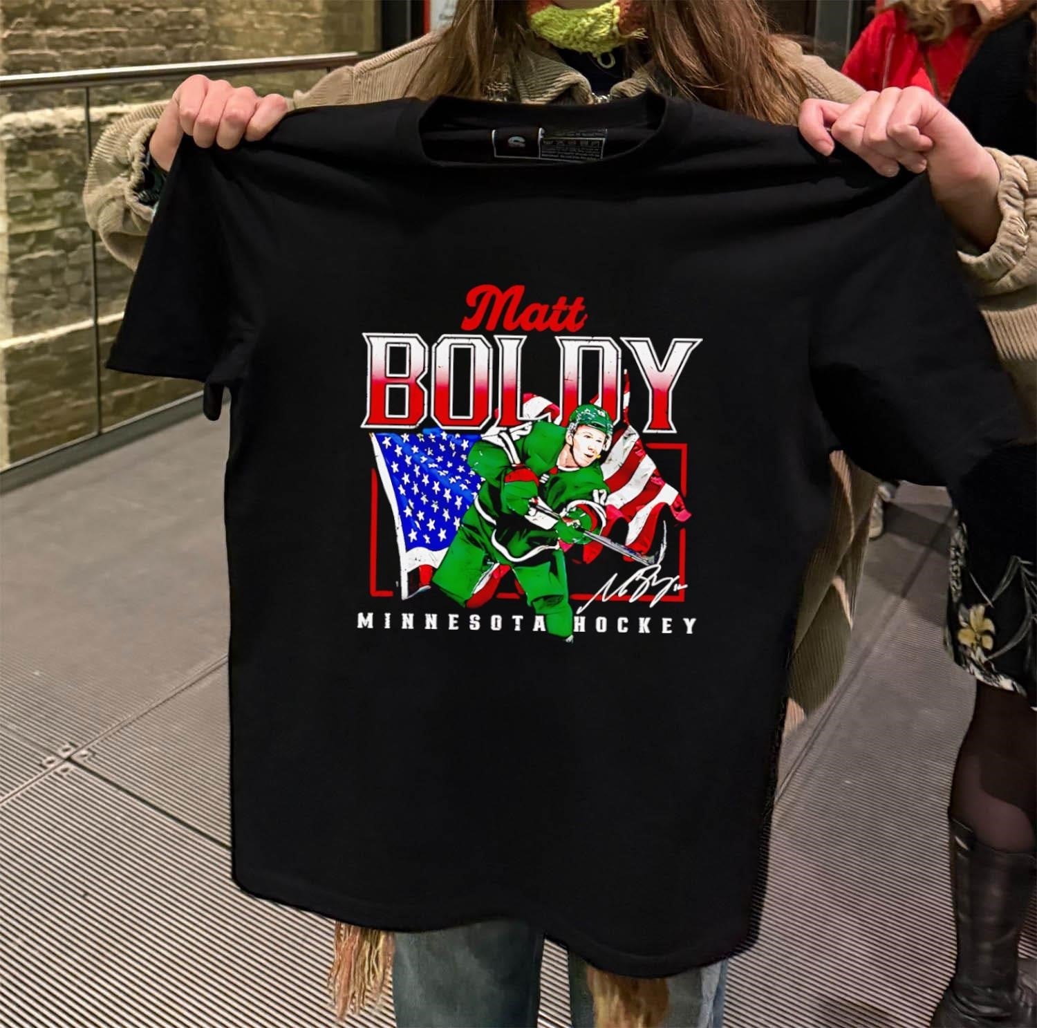 Matt Boldy Minnesota Hockey American Flag Signature - Adult & Kids T-Shirts, Sweatshirts & Hoodies apparel design preview 2