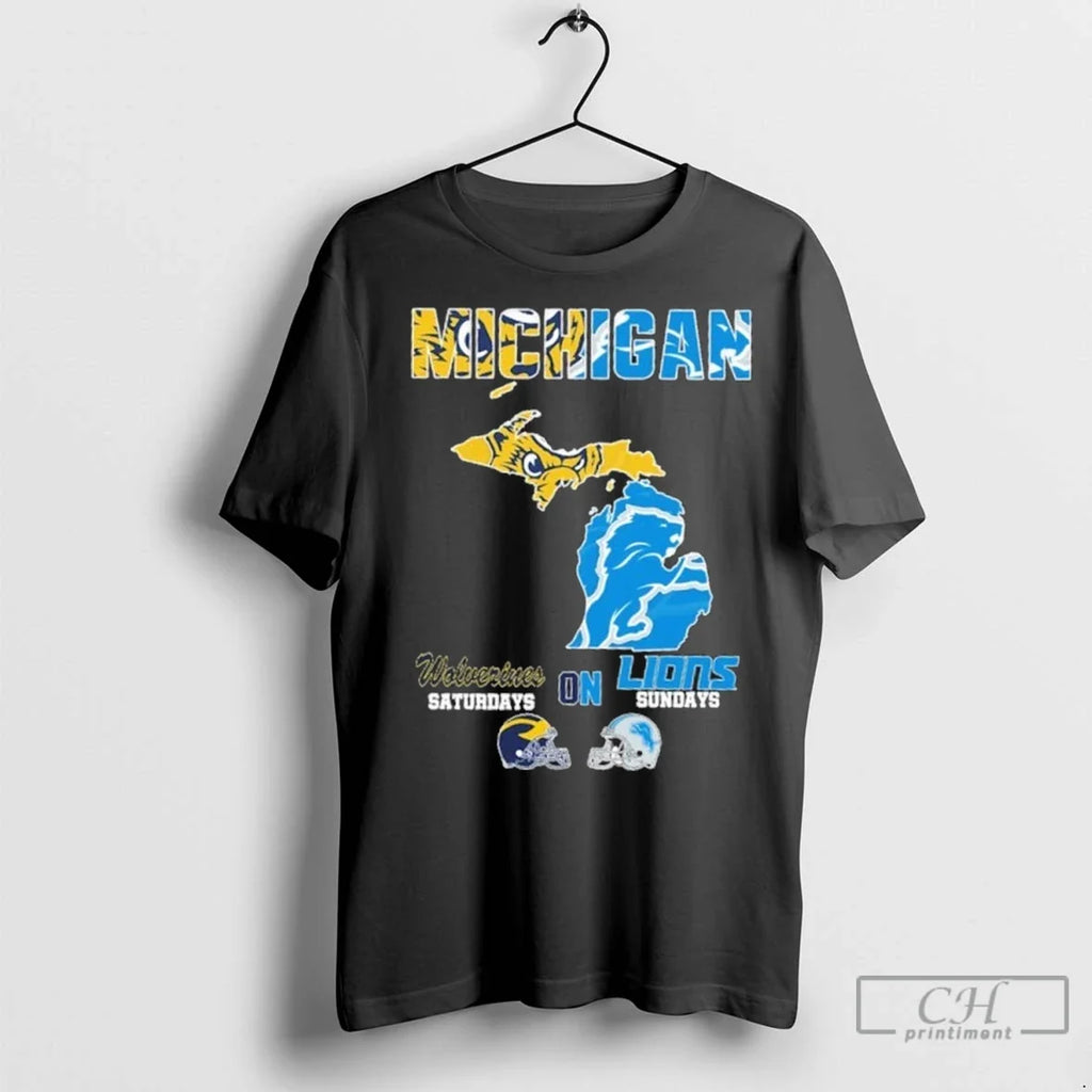 Michigan Wolverines Saturdays On Lions Sundays Map - Adult & Kids T-Shirts, Sweatshirts & Hoodies apparel design preview 1