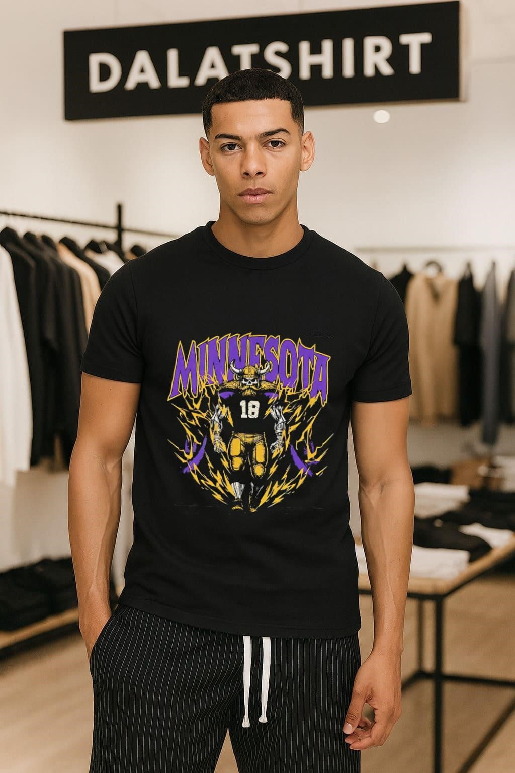 Minnesota Vikings Skull Warrior Number 18 Lightning - Adult & Kids T-Shirts, Sweatshirts & Hoodies apparel design preview 1