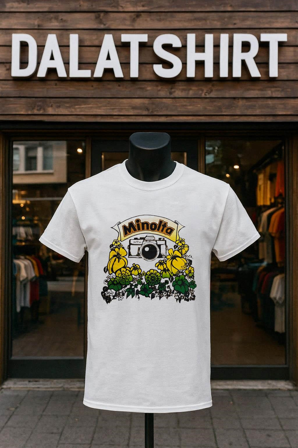 Minolta Camera with Yellow and Green Hibiscus Flowers - Adult & Kids T-Shirts, Sweatshirts & Hoodies apparel design preview 1