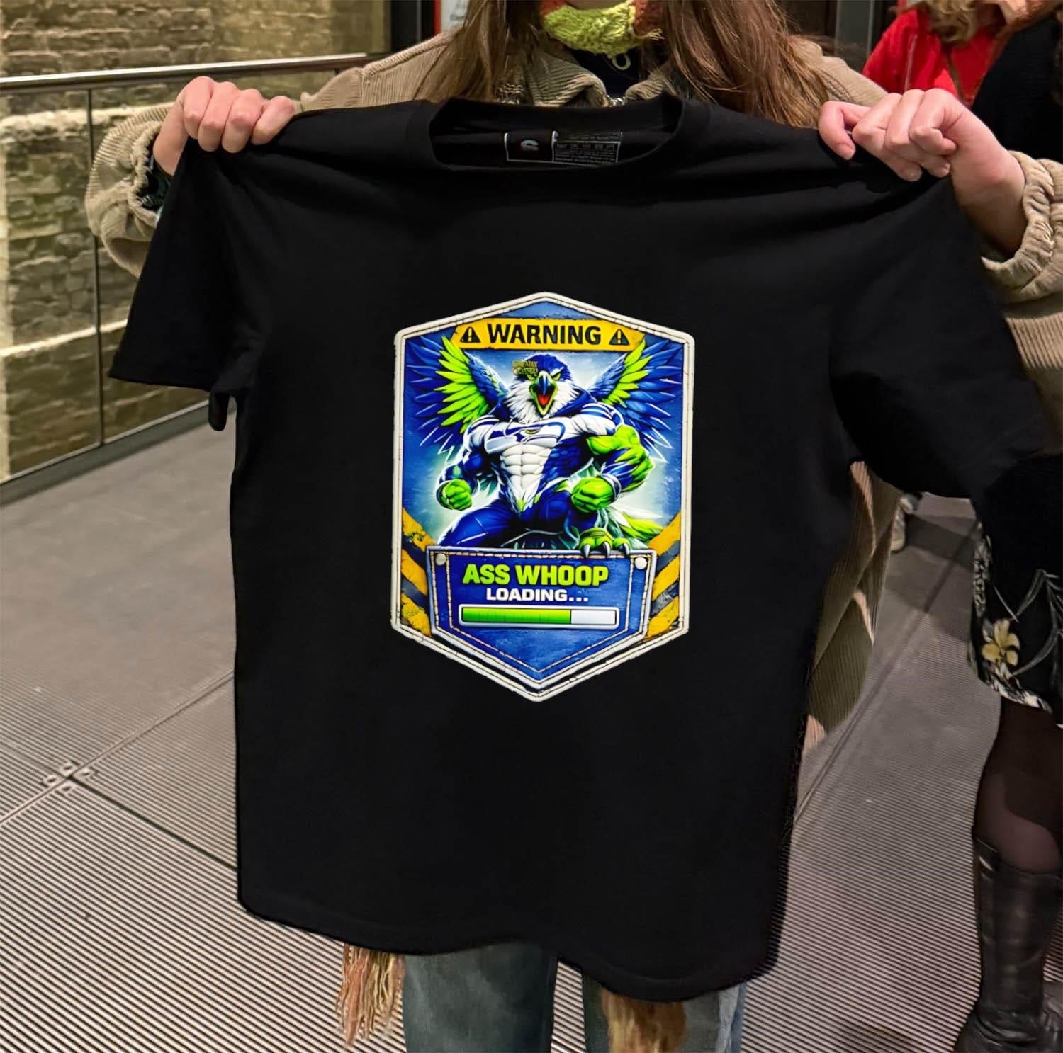 Muscle Seahawk Mascot Warning Ass Whoop Loading - Adult & Kids T-Shirts, Sweatshirts & Hoodies apparel design preview 2