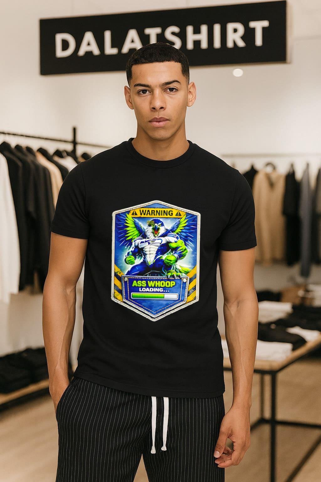 Muscle Seahawk Mascot Warning Ass Whoop Loading - Adult & Kids T-Shirts, Sweatshirts & Hoodies apparel design preview 1