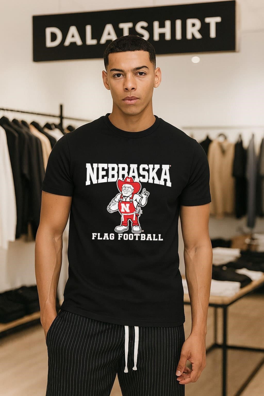 Nebraska Herbie Husker Mascot Flag Football Graphic - Adult & Kids T-Shirts, Sweatshirts & Hoodies apparel design preview 1