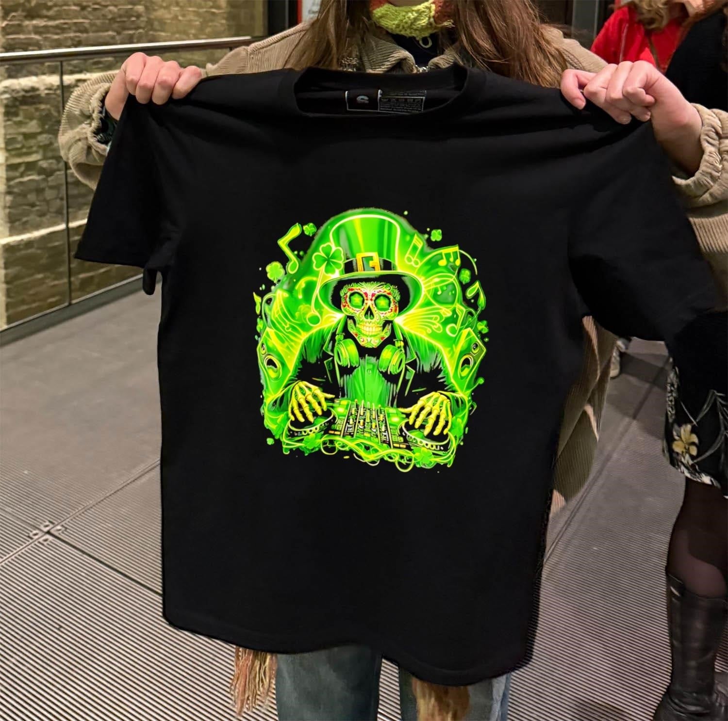 Neon St. Patricks Day Skeleton DJ Playing Music Mix - Adult & Kids T-Shirts, Sweatshirts & Hoodies apparel design preview 2