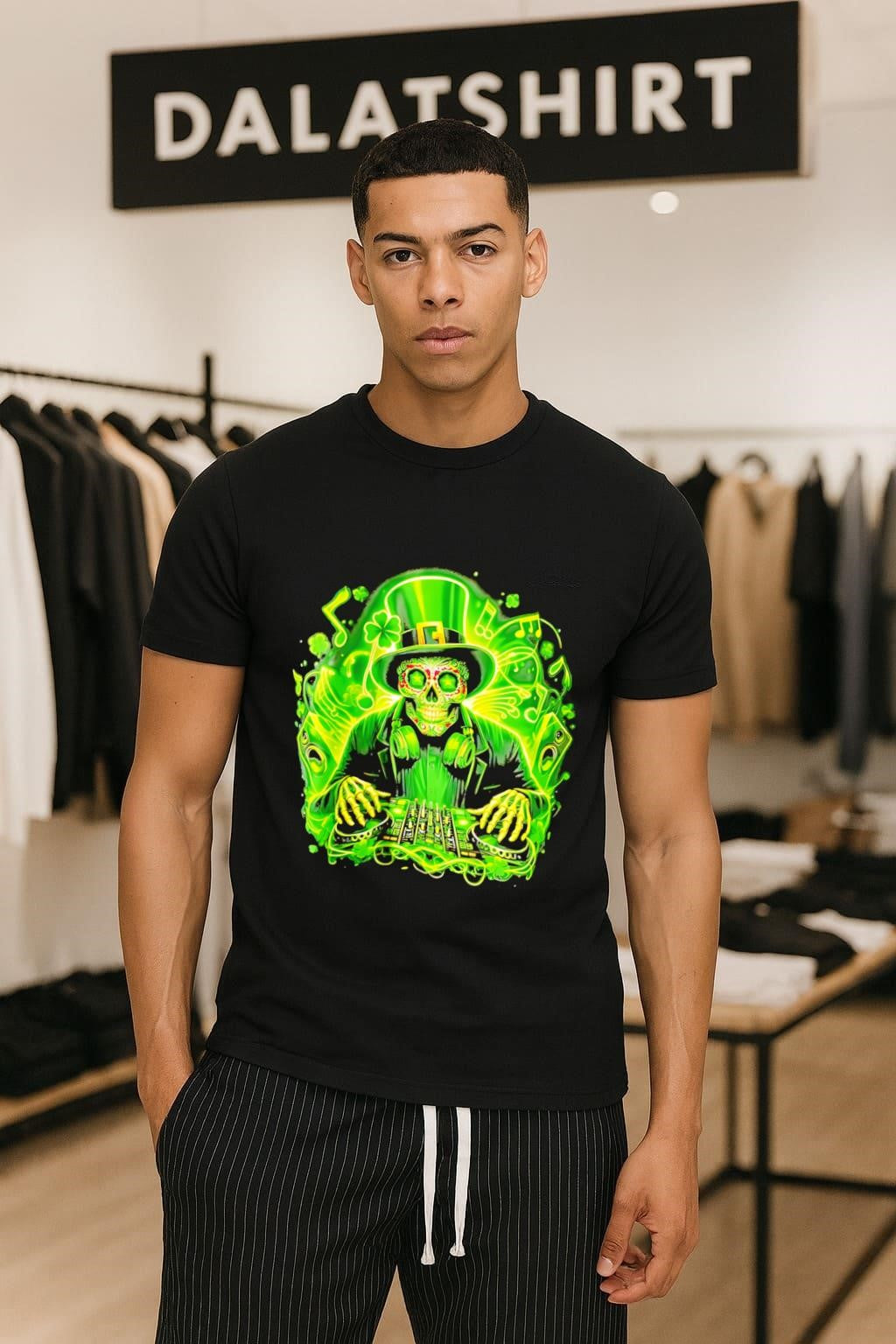 Neon St. Patricks Day Skeleton DJ Playing Music Mix - Adult & Kids T-Shirts, Sweatshirts & Hoodies apparel design preview 1
