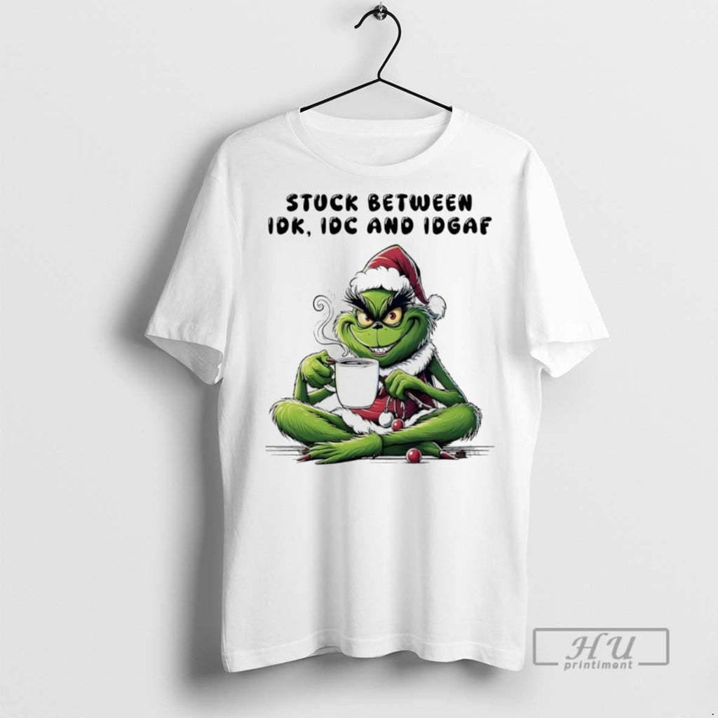 New Grinch Christmas Santa Stuck Between Idk Idc And - Adult & Kids T-Shirts, Sweatshirts & Hoodies apparel design preview 1