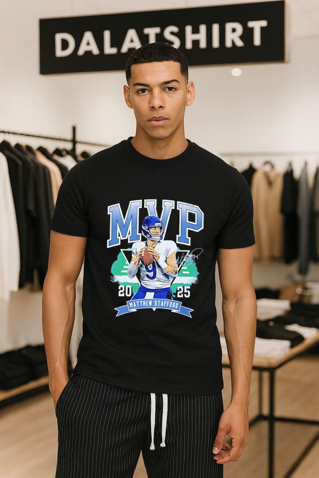 2025 MVP Matthew Stafford Quarterback Blue Jersey - Adult & Kids T-Shirts, Sweatshirts & Hoodies apparel design preview 1