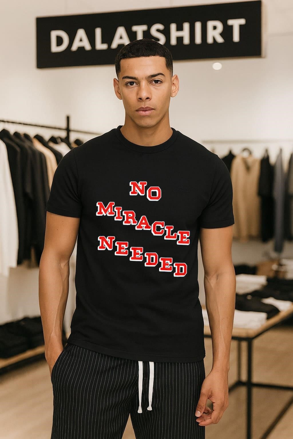 No Miracle Needed Bold Red Varsity Lettering - Adult & Kids T-Shirts, Sweatshirts & Hoodies apparel design preview 1