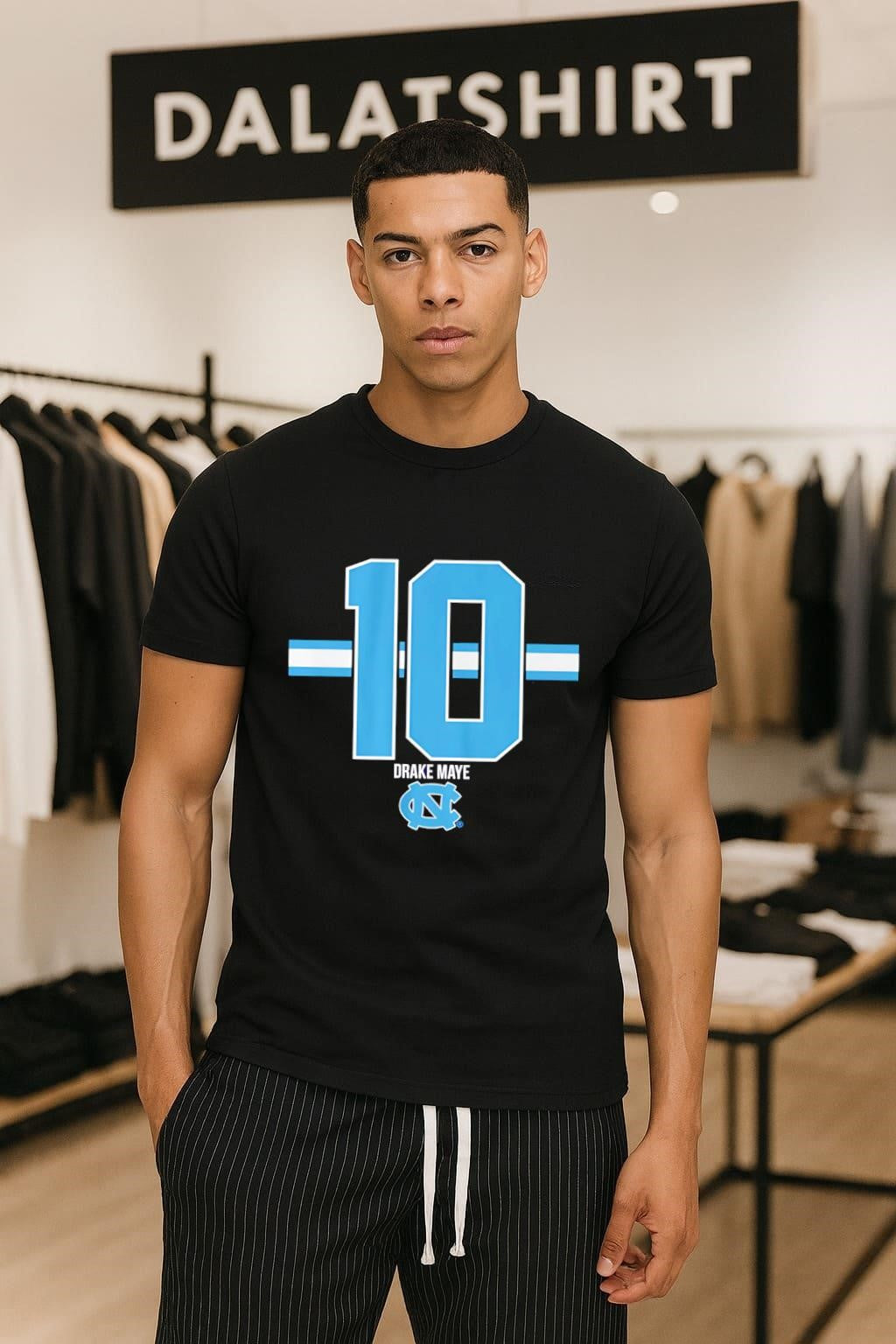 Number 10 Drake Maye North Carolina Tar Heels Stripe - Adult & Kids T-Shirts, Sweatshirts & Hoodies apparel design preview 1