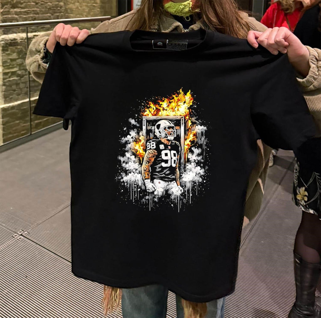 Number 98 Football Player Fire And Smoke - Adult & Kids T-Shirts, Sweatshirts & Hoodies apparel design preview 2
