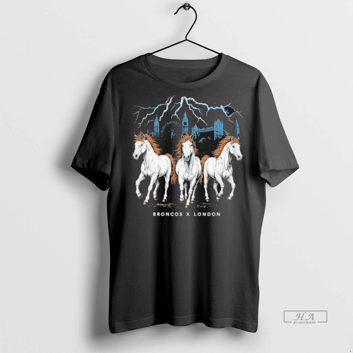 Official Trendy Broncos X London Game Three Horse - Adult & Kids T-Shirts, Sweatshirts & Hoodies apparel design preview 1