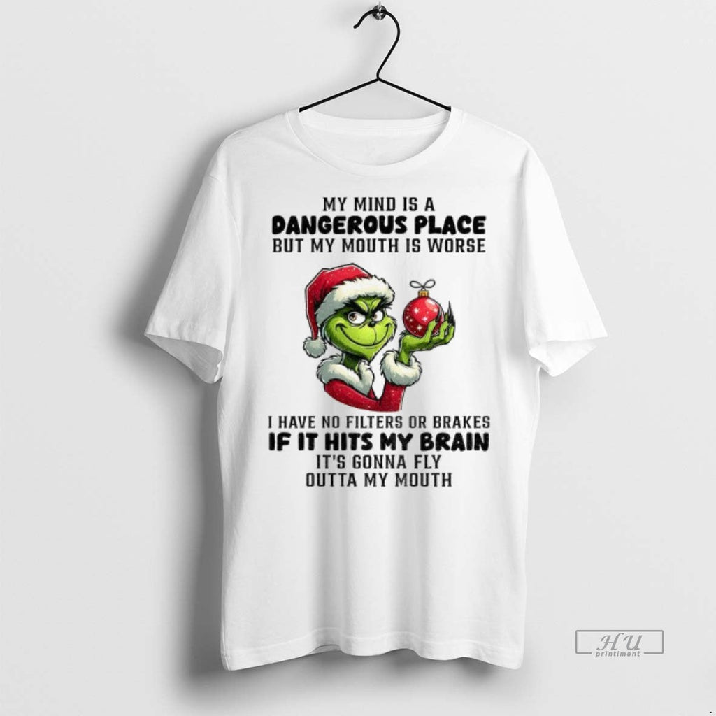 Officials Grinch Santa Hat My Mind A Dangerous Place - Adult & Kids T-Shirts, Sweatshirts & Hoodies apparel design preview 1
