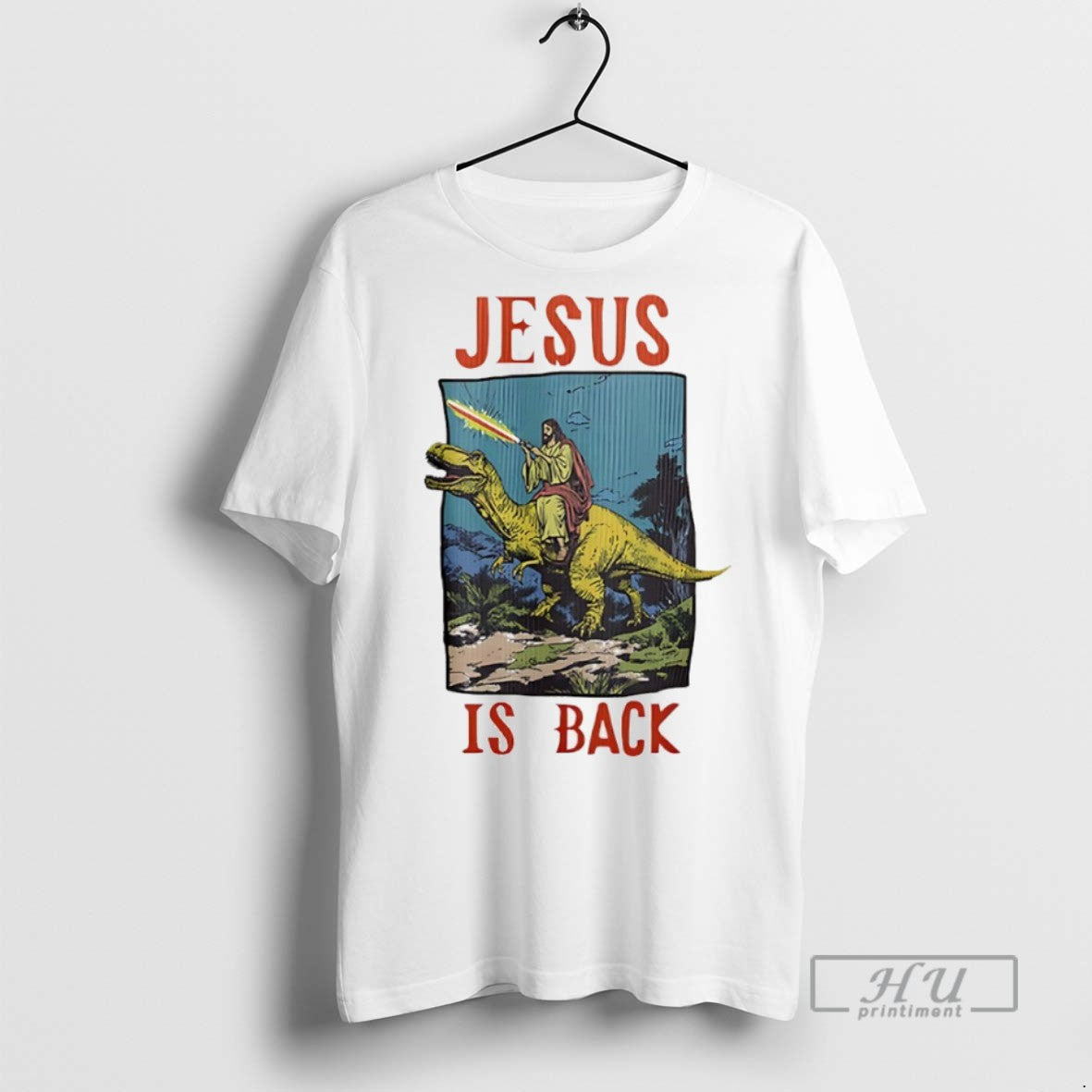 Officials Jesus Riding Dinosaur Is Back - Adult & Kids T-Shirts, Sweatshirts & Hoodies apparel design preview 1